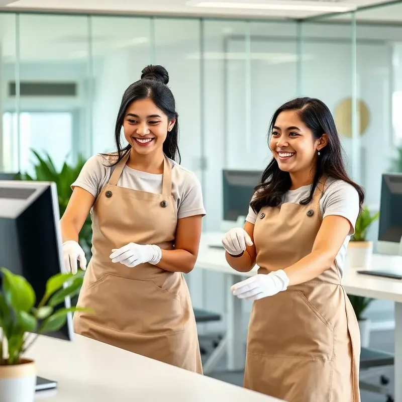 Female office cleaning team disinfecting desks in a Silicon Valley office